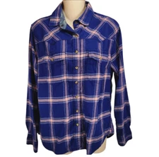 Jachs Girlfriend Button Down Shirt Small S Blue Plaid Flannel Snap Long Sleeve