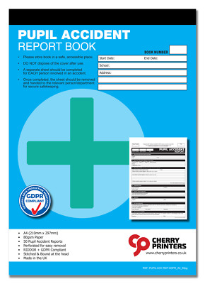 Cherry GDPR Pupil First Aid Accident Report Book A4 (210mm x 297mm) 50 page HSE