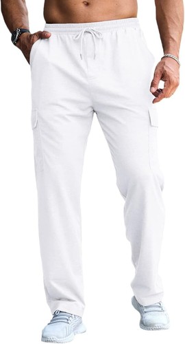 Mens Fashion Baggy Sweatpants / Open Bottom Joggers w/ Pockets, White, LARGE - 第 1/4 張圖片