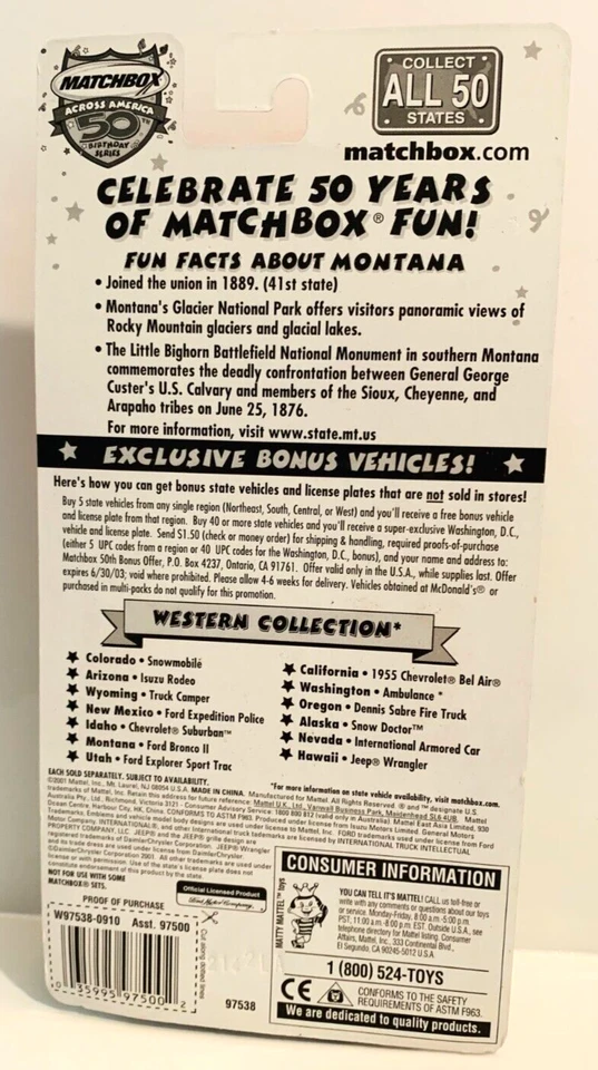 2001 Matchbox Across America 50th Birthday Montana Ford Bronco II NEW - Image 3 of 3