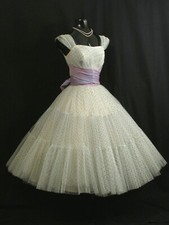 Vintage 1950's 50s White Blue Lilac Flocked Tulle Taffeta Prom Wedding Dress