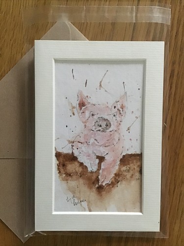 ORIGINAL watercolour card. Painting gift. Mounted WATERCOLOUR card. Farmyard Pig