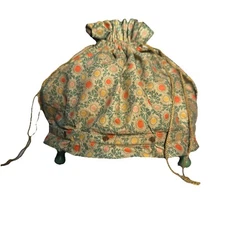 VTG Sewing Basket Bag Drawstring Calico Bag W Wood Base Unusual HandMade Footed