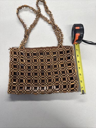 Wooden Beaded Tan Purse Shoulder Bag Double Strap Beach Summer Vacation - Picture 5 of 5