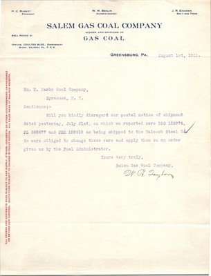 1918 Salem Gas Coal Company Letterhead Greensburg PA Coal Shipping Signed