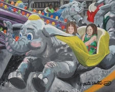 Flying Elephants, carnival ride, painting, original art, framed 8x10 inch canvas