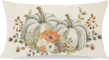 Fall Throw Pillow Cover 12X20 Inch White Pumpkin Orange Floral Autumn Outdoor Fa
