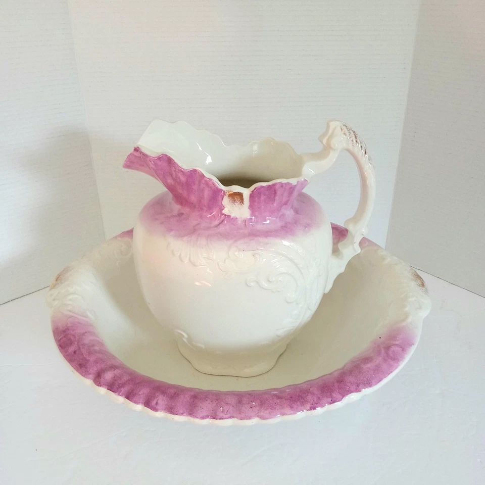 Antigua jarra y lavabo de cámara rosa victoriano MELEMIK del siglo XIX inglés Foto 2 de 4