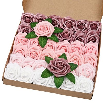 BLEUM CADE 36Pcs Artificial Flowers Fake Roses with Stems, Gradient Dusty Rose