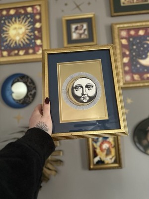 Vintage Piero Fornasetti Framed Wall Art Sun Moon Gold & Blue Soli e Lune Italy