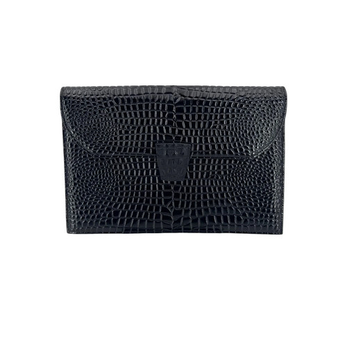 Authentic Yves Saint Laurent Vintage Embossed Black Patent Leather Clutch Bag