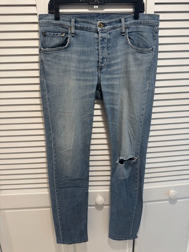 rag & bone Standard Issue Fit 2 Slim Jeans Men Size 34 Light Wash Ripped Knee