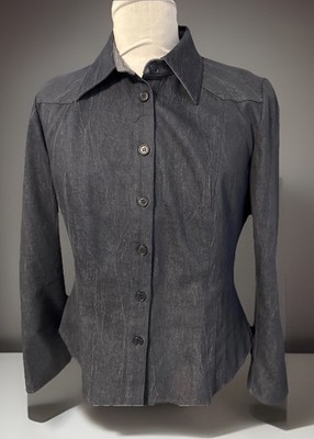 Vtg Lena Gabrielle Black Western Style L/S Button Shirt Back Pleated Peplum 10