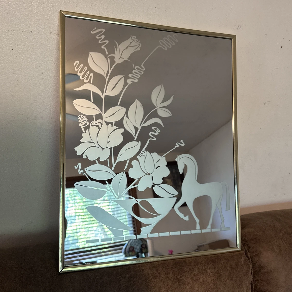 Vtg Etched Mirror Wall Art Horse, Floral Vase Gold Frame Hollywood Regency 16x20