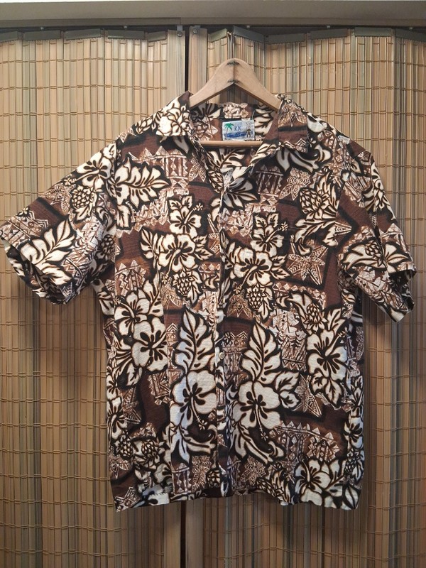 Vintage 80s Barkcloth RJC Hawaiian Shirt XL Tapa Print Made Hawaii Aloha Brown