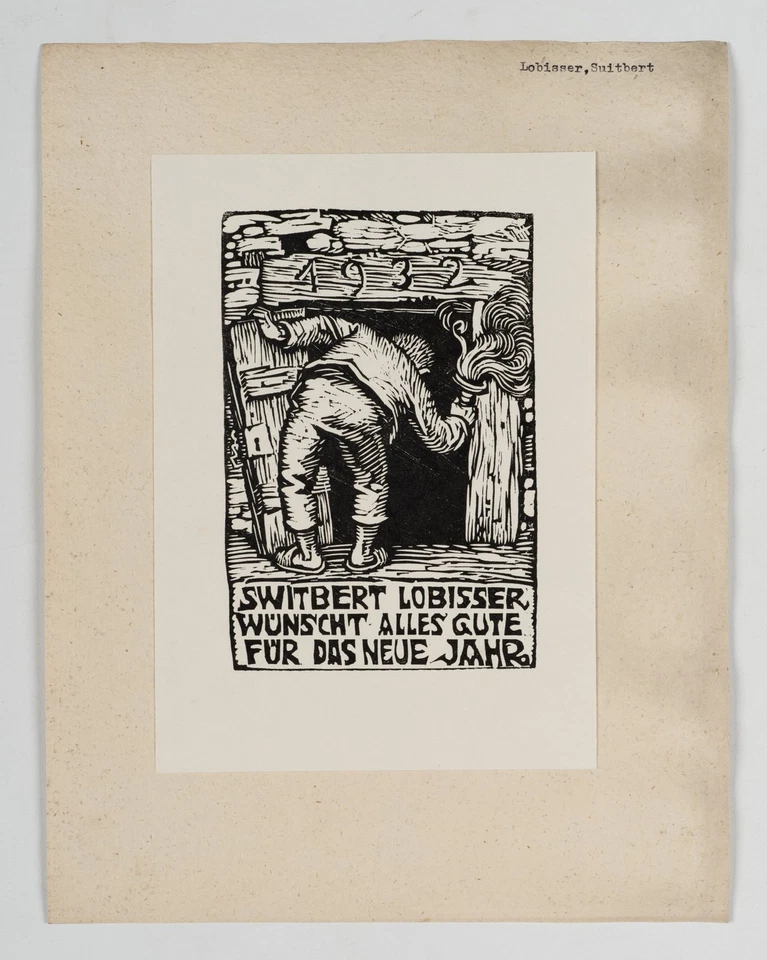 S. LOBISSER (1878-1943), Neujahrsgruß 1932 mit Holzhütte,  1932, Holzschnitt - Bild 2 von 4