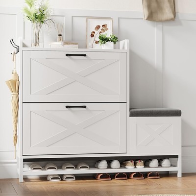 Shoe Storage Cabinet with Bench & 2 Flip Drawers Shoe Rack Storage Organizer