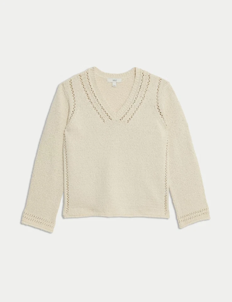 Marks & Spencer Womens Beige Cotton V-Neck Long sleeved Women Jumper - M&S - Image 2 of 4