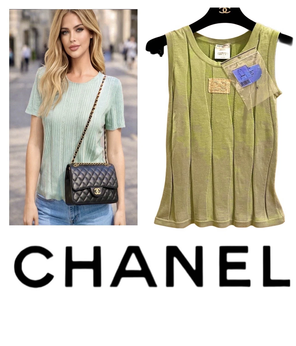 トップス Chanel Knit Shirt Chanel Pink Blue Knit CC Logo Short Sleeve Top Size 38 FR
