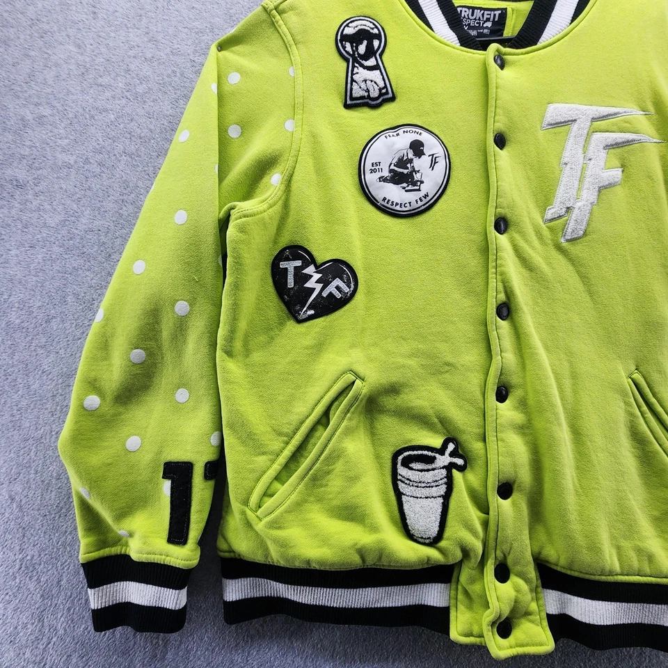Chaqueta TRUKFIT Para Hombre Grande Verde Neón Universitaria Botón a Presión Parches Lunares Foto 4 de 4