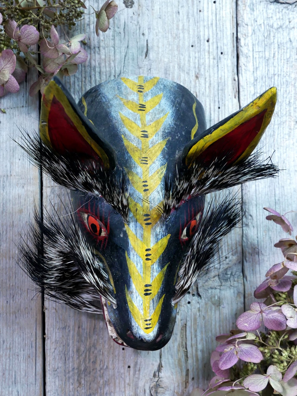 Coyote Mask Desert Wood & Boar Hair Whiskers Handmade Guerrero Mexican Folk Art