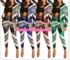 NEW Women Two Piece Set Chain Printing Sports Casual Cardigan Jacket + Pants 