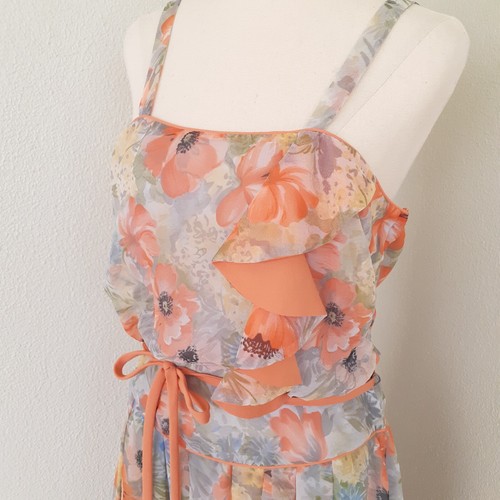 Vintage 70s Susan Peters Floral Chiffon Dress Orange Sleeveless Size 10-12 - Picture 2 of 5