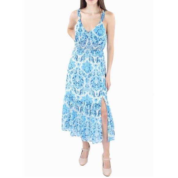 knee length dresses for ladies White & Blue Damask Print Flowy Midi Dress for Women XL