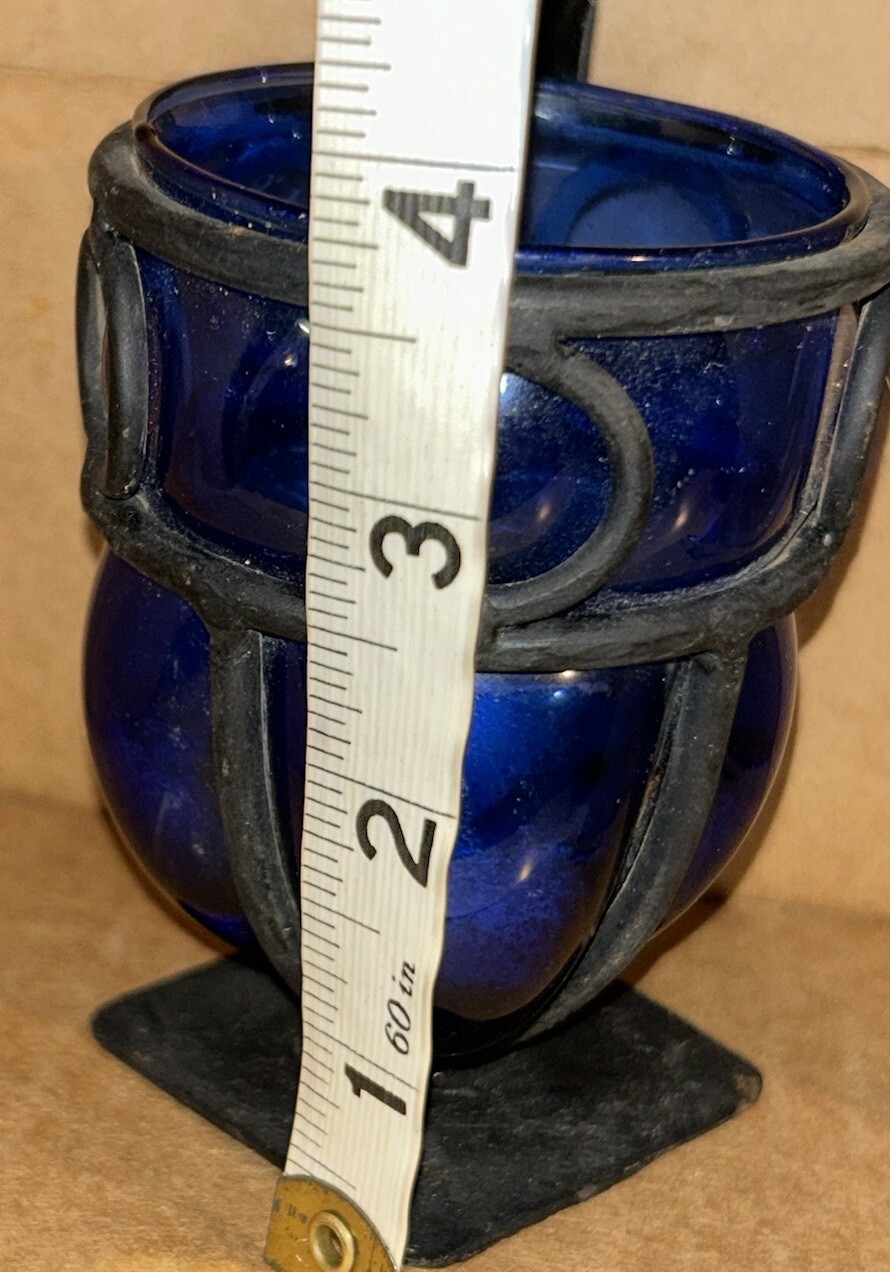 RARE Vtg Cobalt Blue Bubble Glass Candle Holder Wrought Iron Metal Cage