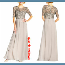 NEW Adrianna Papell Beaded Bodice Chiffon Gown in Platinum SZ 6  G87