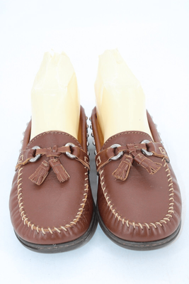 MINNETONKA Brown Hand Stitched Leather Slide Loafers in  display picture 3