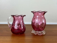 Vintage Pilgrim CRANBERRY GLASS RIBBED 6oz Creamer & 4” Bud Vase