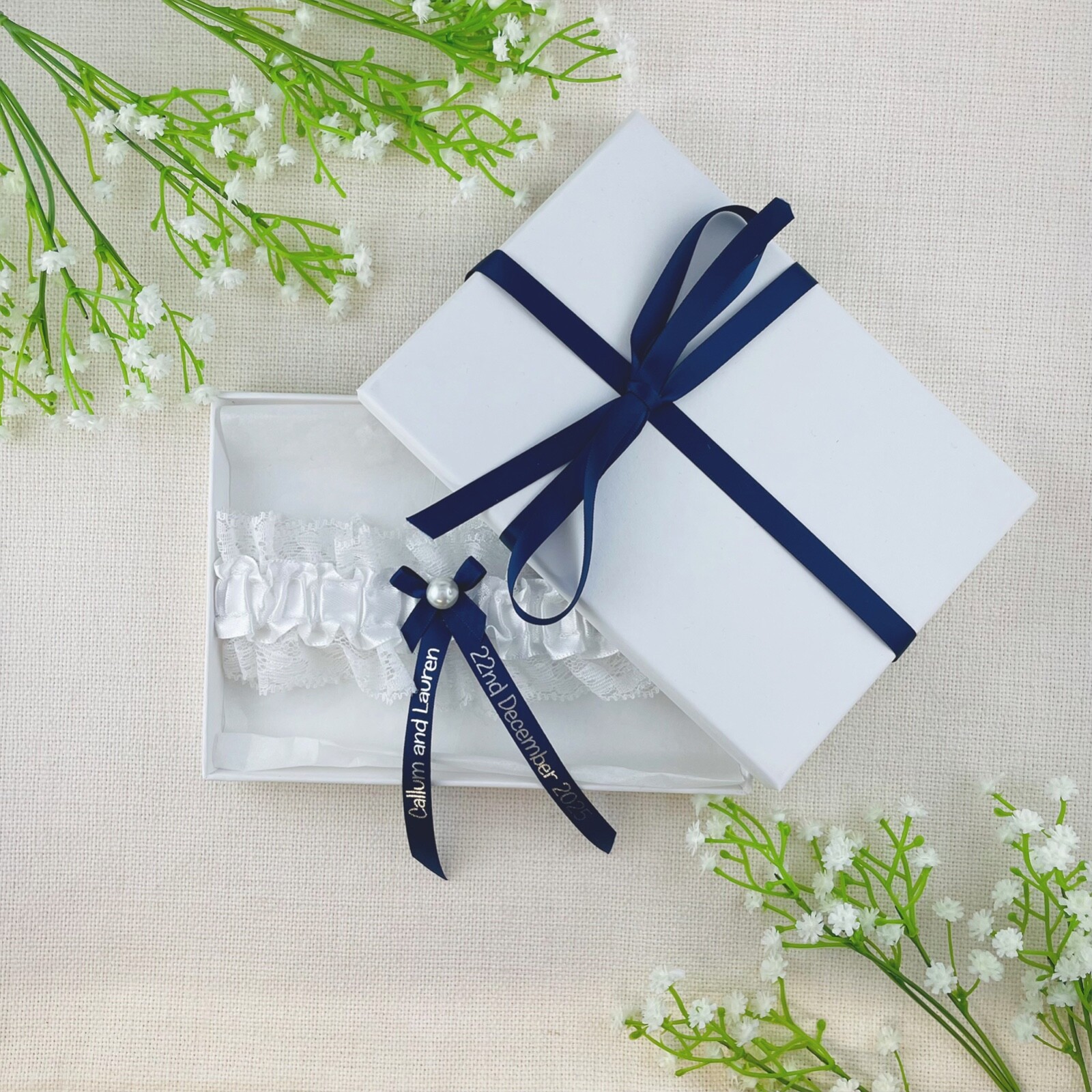 Personalised Garter - Navy Blue with Silver Text - Something Blue Wedding Bride