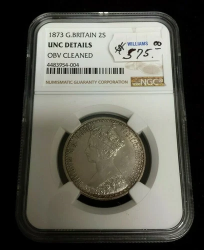 1873 Great Britain 1 Florin (2 Shillings) Silver Coin NGC Unc Detail Obv Cleaned