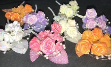 Vintage Millinery Fabric Rose Flower Wire Bunches Wedding 6  Lot Lavender Pink