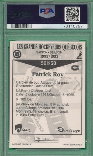 PSA 8 DURIVAGE PATRICK ROY HOF 1992 PANINI ITALY-50 GRADED NHL FRENCH RARE TPHLC - Picture 3 of 3