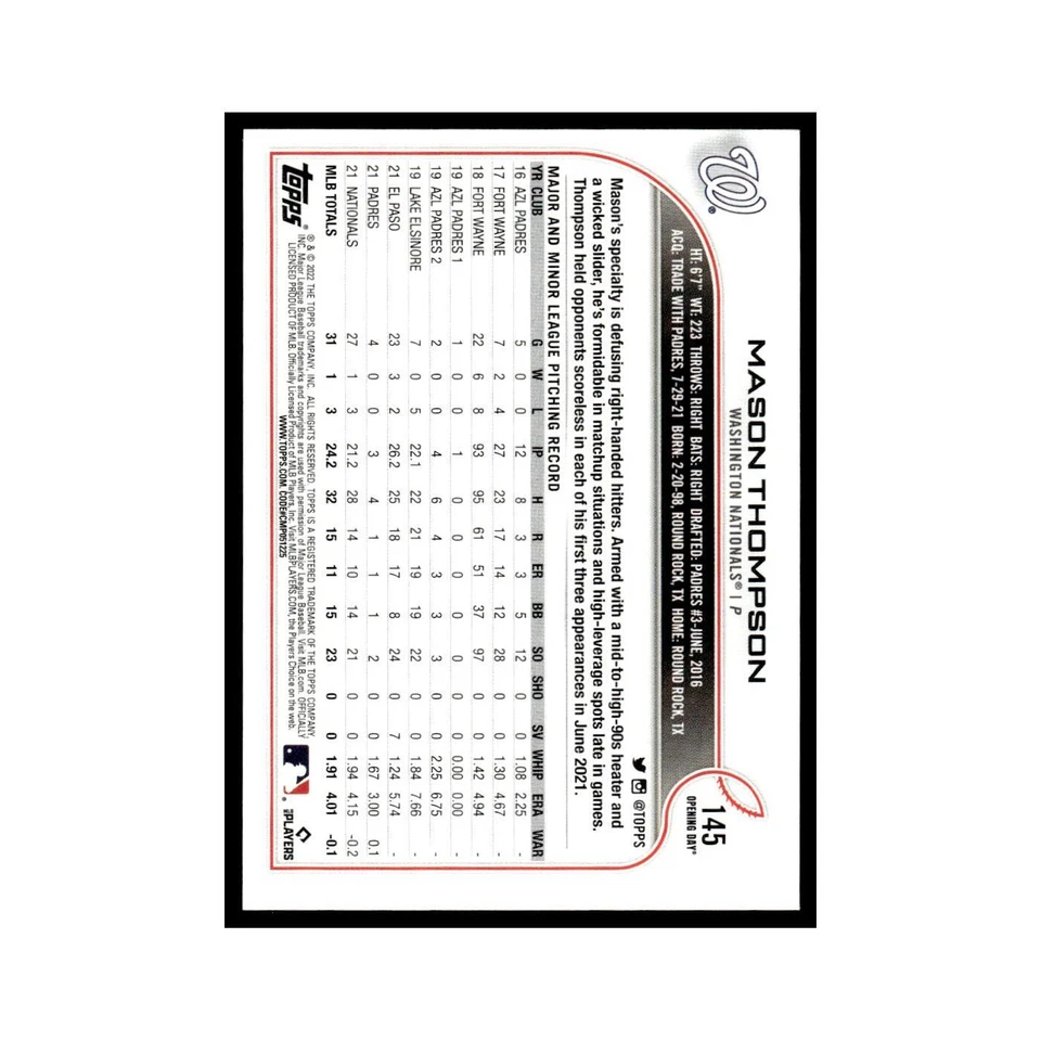 Mason Thompson Rookie 2022 Topps Opening Day #145 Washington Nationals NM - Image 2 of 3