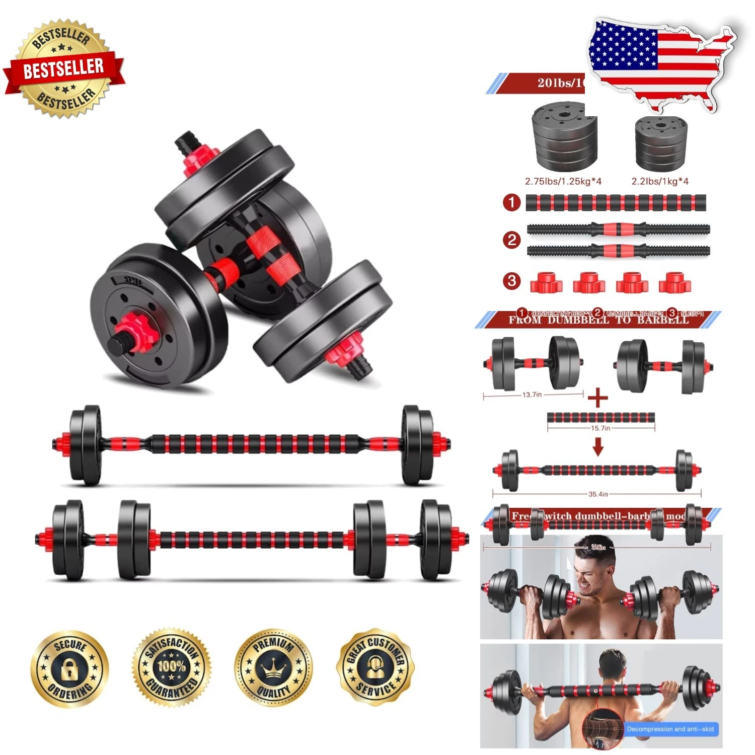 Adjustable Dumbbells 20lb Set - 3-in-1 Home Gym Barbell, Non-Slip Neoprene