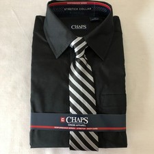 Chaps Black Dress Shirt Black and Gray Stripe Tie Sz 12 Long Sleeve NIP