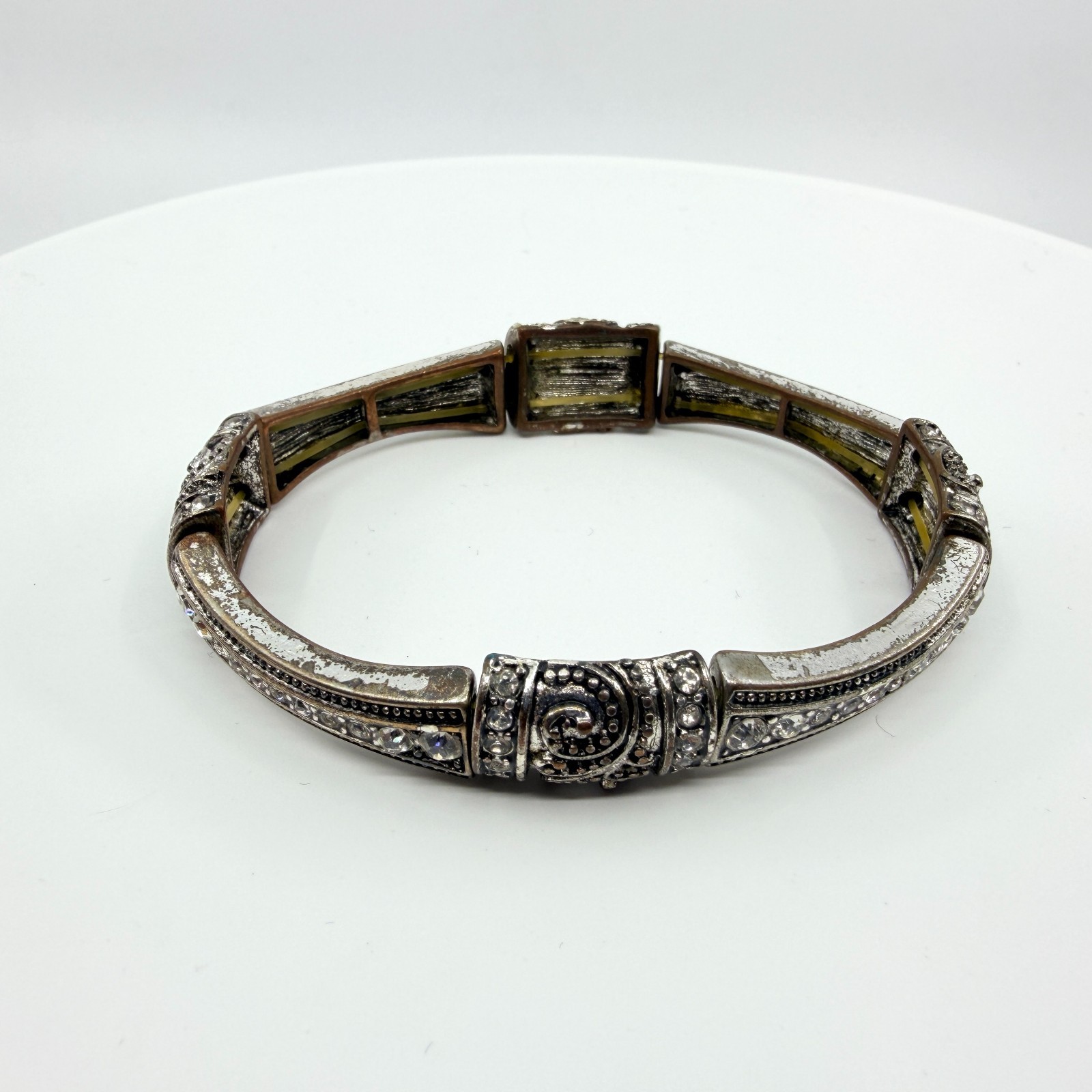 VTG Antique Silver Tone Clear Rhinestone Swirl Art Deco Stretch Bangle Bracelet