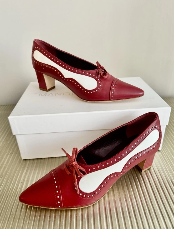 Nuevo en caja Zapatos Manolo Blahnik Bolu Rojo y Blanco Con Cordones 60mm Bloque Tacones Bombas 7 (37) Foto 2 de 4