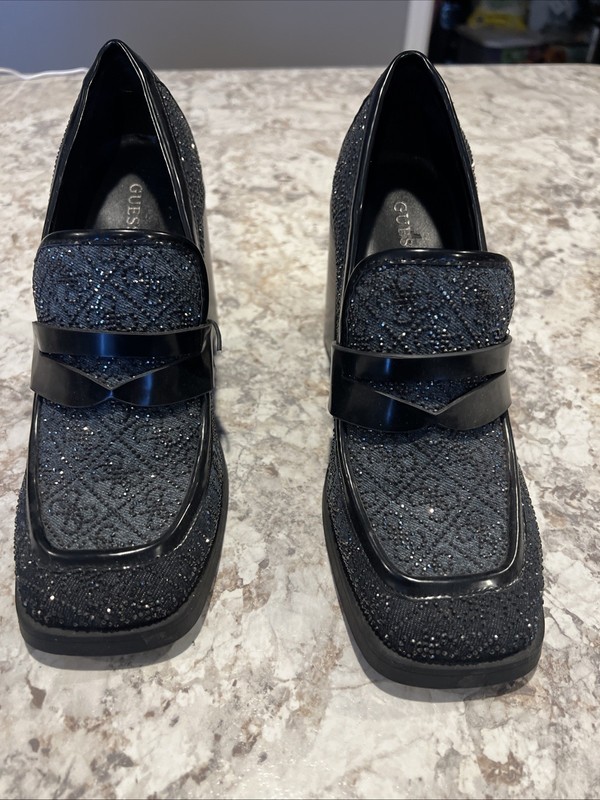 GUESS Heeled Loafer Black Shiney Leather Sz 9 New Marcelle block heel 