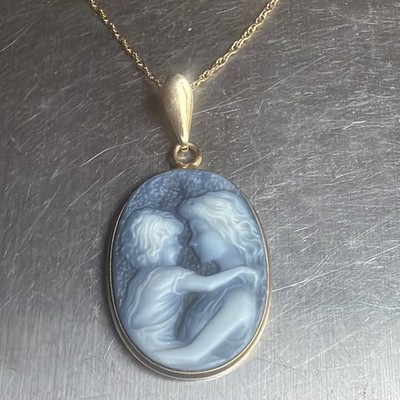 14K OTC Yellow Gold Mother And Baby Blue Cameo Pendant & 14k Chain Mother s Day!