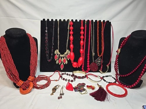 Vtg Now Red Mixed Bulk Costume Jewelry Lot Necklaces Bracelets Earrings #983