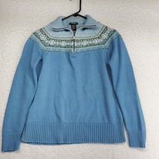 Eddie Bauer Womens Lambs Wool Fair Isle Sweater Large Blue 1/4 Zip Nordic Skiing