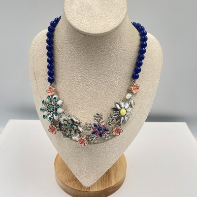 Lia Sophia ''Full Bloom'' Silver-Tone Blue Beads Floral Charms Statement Necklace
