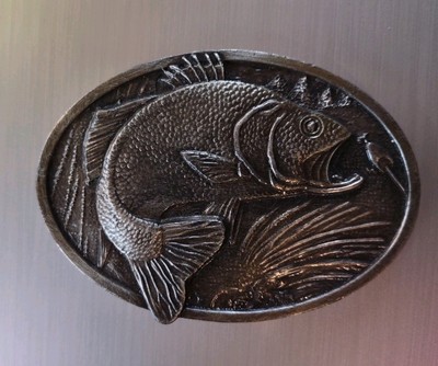 Vintage Belt Buckle 1977 Bergamot Brass Works, Bass Fishing, Pewter Color