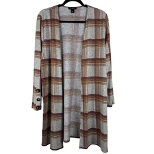 I.N. Studio Cardigan Womens 1X Gray Brown Plaid Stretch Open Front Duster Mature