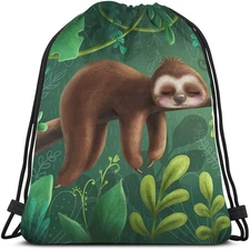 Cute Funny Sloth Drawstring Backpack Bag Relaxing On Tree Branch Animal Carto...