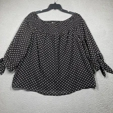 AB Studio Woman Top Plus 1X Black White Polka Dot Smocked Off Shoulder Blouse